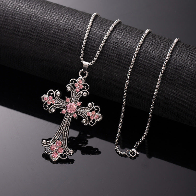 Wholesale Hollow Flower Necklace Diamond Cross Pendant Necklace Sweater Chain